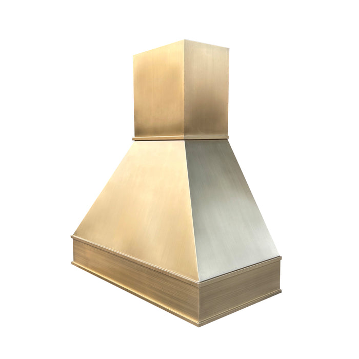 RangeHoodMaster custom chimney style kitchen range hoods with accent trims in brushed brass color