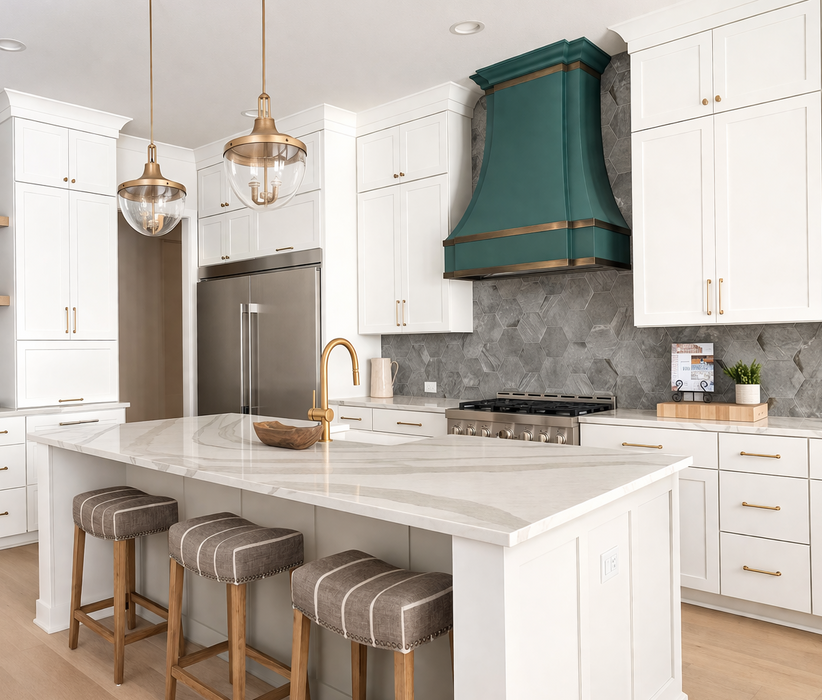 custom stainless steel range hood in Turquoise Green custom painted color with antique brass straps and crown molding at rangehoodmaster