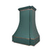 custom stainless steel range hood in Turquoise Green custom painted color with antique brass straps and crown molding at rangehoodmaster
