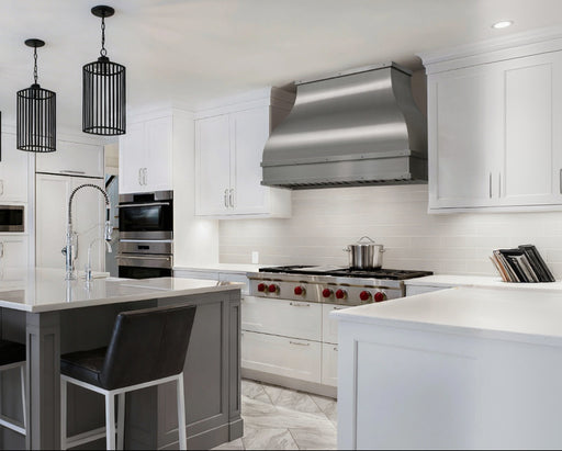 custom stainless steel range hood in bell shape in brushed stainless steel finish with rivets at California from RangeHoodMaster