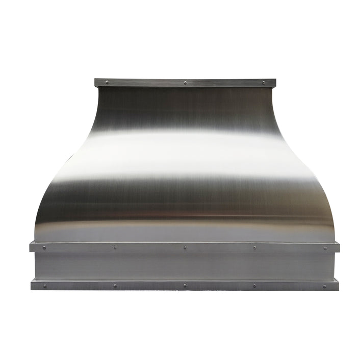 custom stainless steel range hood in bell shape in brushed stainless steel finish with rivets at California from RangeHoodMaster
