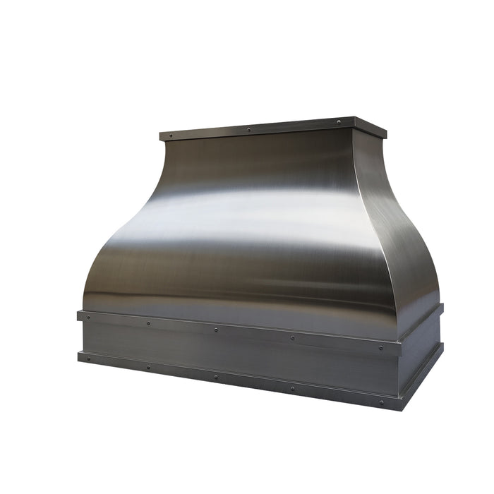 custom stainless steel range hood in bell shape in brushed stainless steel finish with rivets at California from RangeHoodMaster