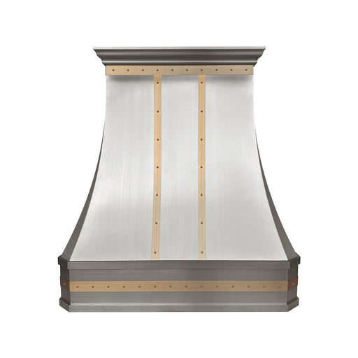 Modern stainless steel range hood with golden decorative straps, crown molding and rivets at rangehoodmaster