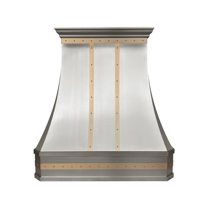 Modern stainless steel range hood with golden decorative straps, crown molding and rivets at rangehoodmaster