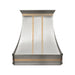 Modern stainless steel range hood with golden decorative straps, crown molding and rivets at rangehoodmaster