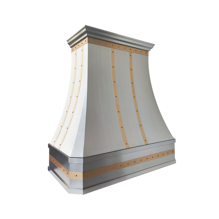Modern stainless steel range hood with golden decorative straps, crown molding and rivets at rangehoodmaster