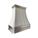 Modern stainless steel range hood with golden decorative straps, crown molding and rivets at rangehoodmaster
