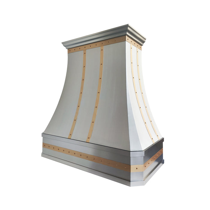 Modern stainless steel range hood with golden decorative straps, crown molding and rivets at rangehoodmaster