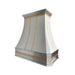 Modern stainless steel range hood with golden decorative straps, crown molding and rivets at rangehoodmaster