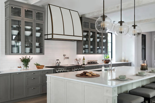 white barrel kitchen hood with antique brass straps custom at rangehoodmaster