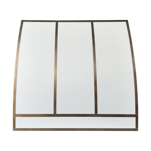 white barrel kitchen hood with antique brass straps custom at rangehoodmaster