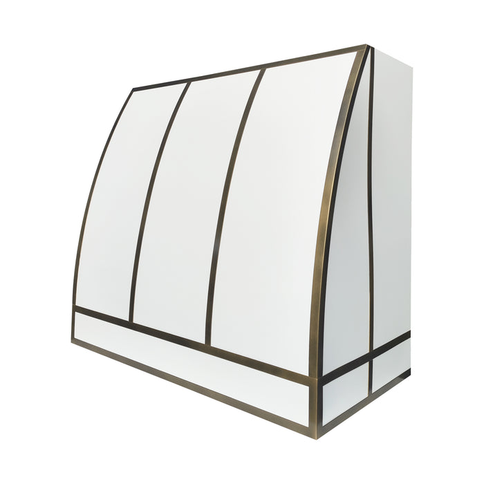 white barrel kitchen hood with antique brass straps custom at rangehoodmaster