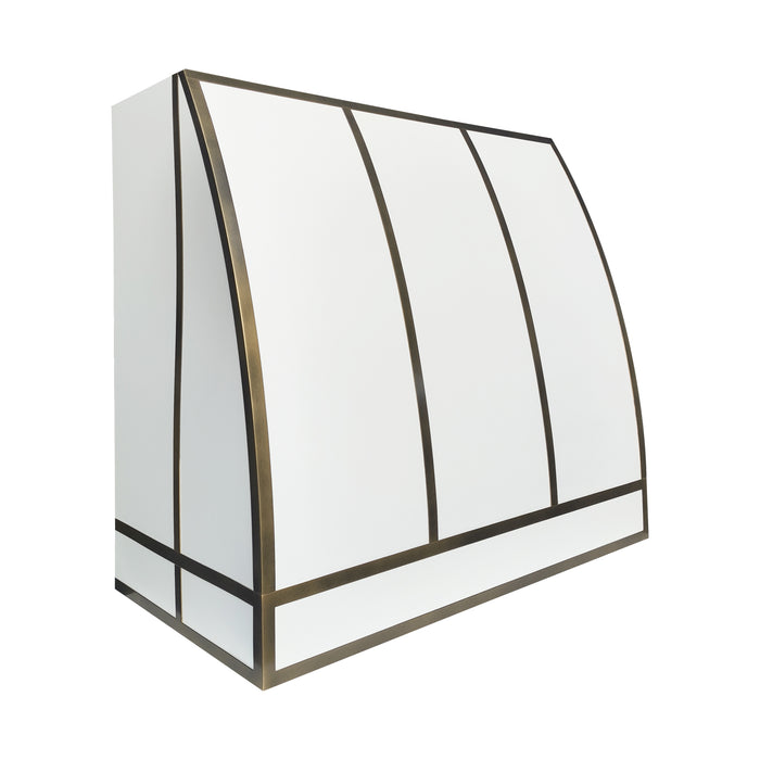white barrel kitchen hood with antique brass straps custom at rangehoodmaster