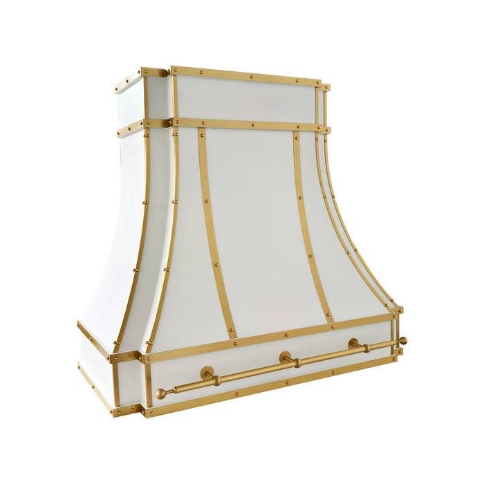 custom white modern curved stainless steel range hood with brushed brass straps and rivets and pot rail at Range Hooc Master