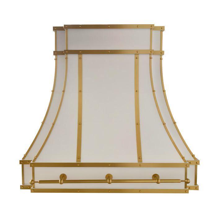 custom white modern curved stainless steel range hood with brushed brass straps and rivets and pot rail at Range Hooc Master