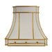 custom white modern curved stainless steel range hood with brushed brass straps and rivets and pot rail at Range Hooc Master
