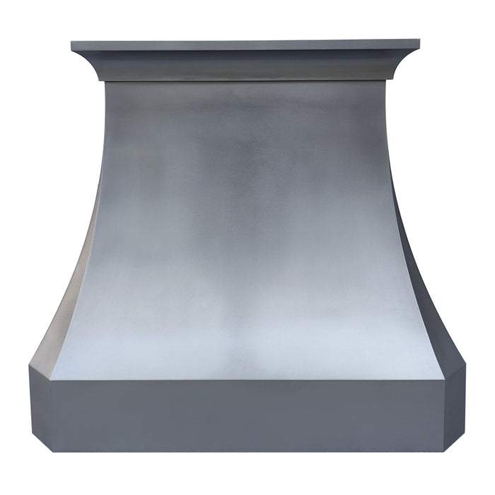 zinc range hood handcrafted with natural non-directional zinc with crown molding curved and clipped corner design