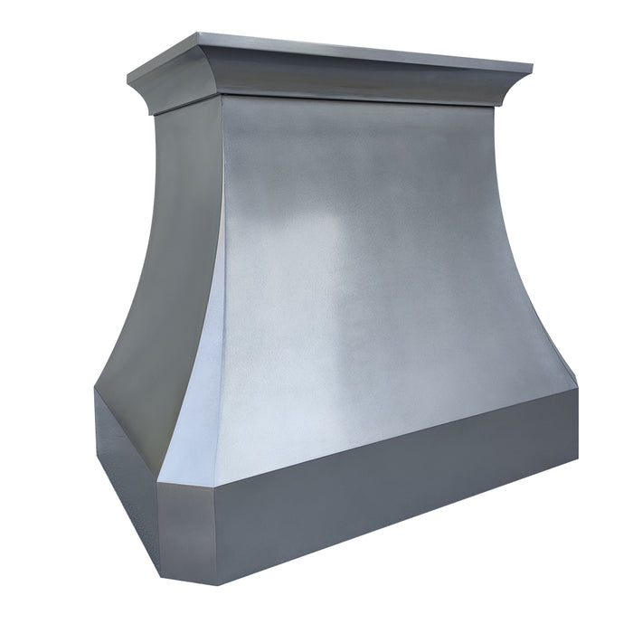 zinc range hood handcrafted with natural non-directional zinc with crown molding curved and clipped corner design