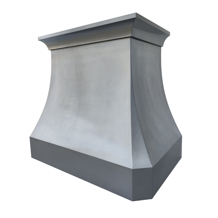 zinc range hood handcrafted with natural non-directional zinc with crown molding curved and clipped corner design