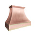 Handcrafted natural copper curved kitchen range hood with polished brass trims and crown molding at rangehoodmaster