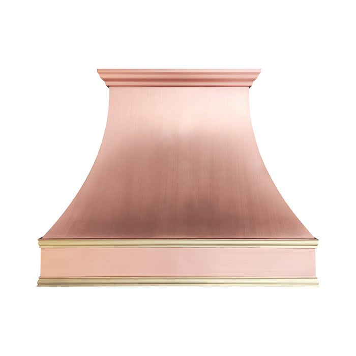 Handcrafted natural copper curved kitchen range hood with polished brass trims and crown molding at rangehoodmaster