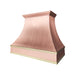 Handcrafted natural copper curved kitchen range hood with polished brass trims and crown molding at rangehoodmaster