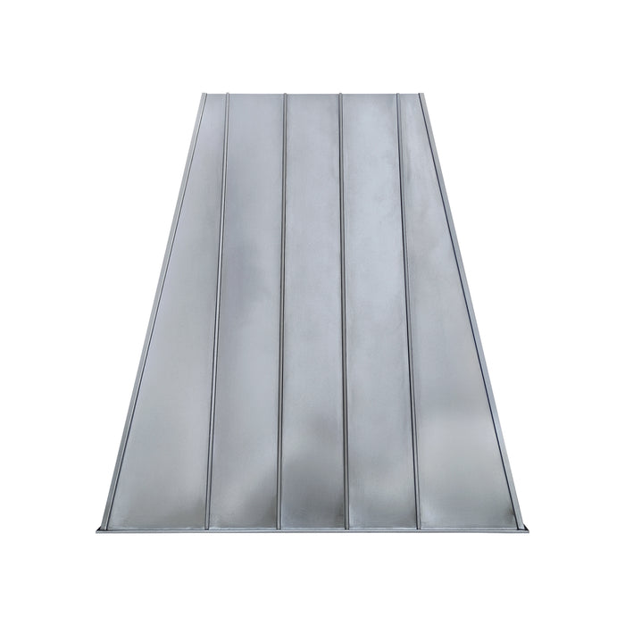 Natural zinc tapered custom range hood with standing seams at rangehoodmaster