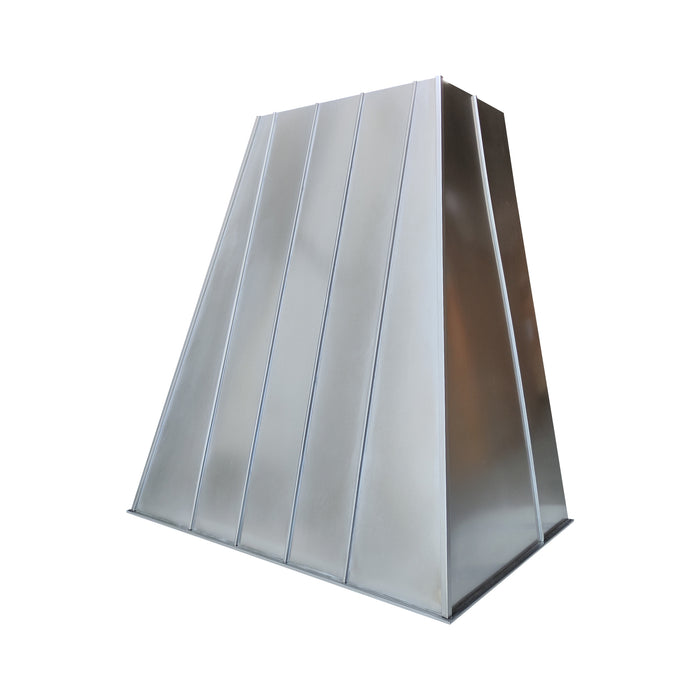 Natural zinc tapered custom range hood with standing seams at rangehoodmaster