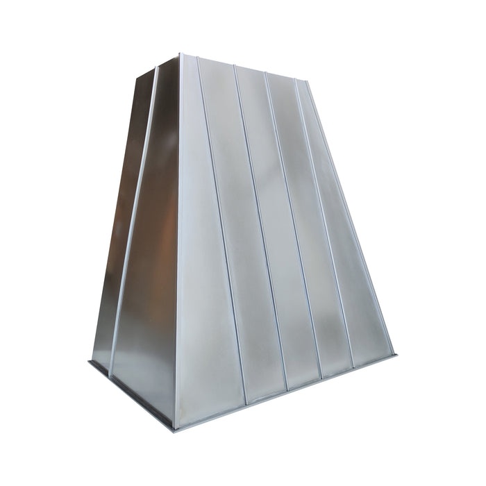 Natural zinc tapered custom range hood with standing seams at rangehoodmaster