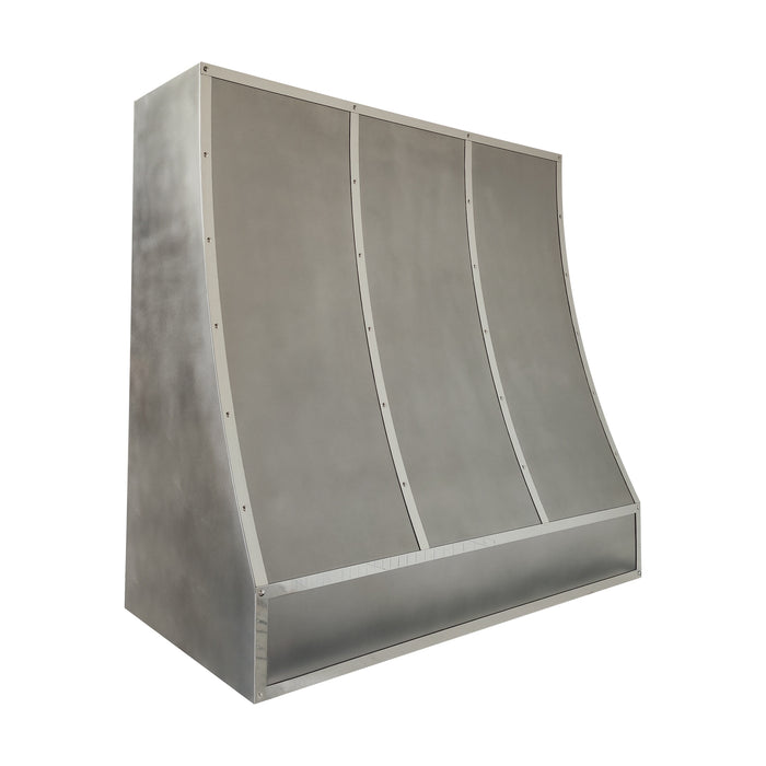 Handcrafted non-direction stainless steel sloped kitchen range hood with decorative polished stainless steel straps and rivets at rangehoodmaster