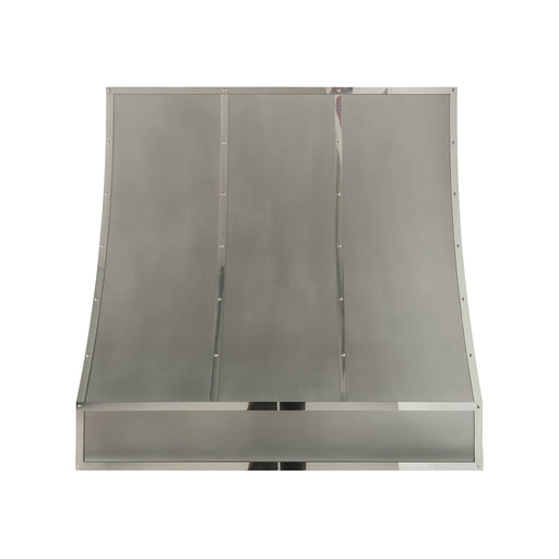 Handcrafted non-direction stainless steel sloped kitchen range hood with decorative polished stainless steel straps and rivets at rangehoodmaster
