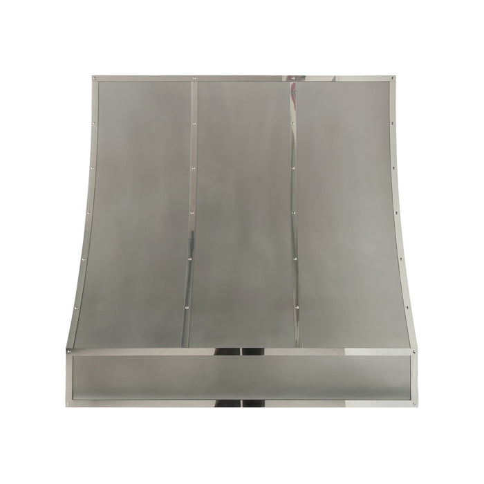 Handcrafted non-direction stainless steel sloped kitchen range hood with decorative polished stainless steel straps and rivets at rangehoodmaster