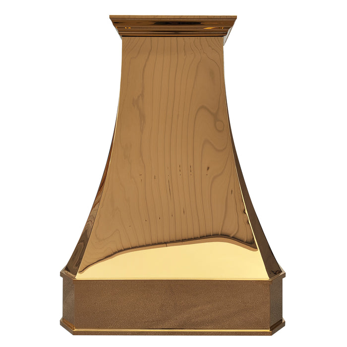 shiny golden range hood handmade stainless steel polished brass color curved shape with crown molding from rangehoodmaster