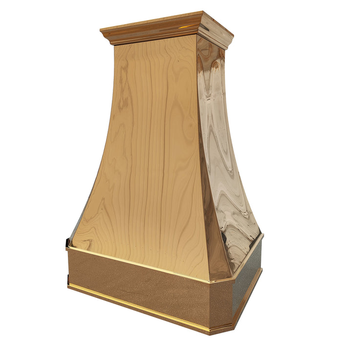 shiny golden range hood handmade stainless steel polished brass color curved shape with crown molding from rangehoodmaster