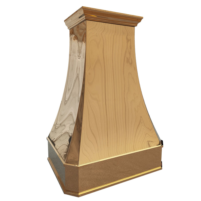 shiny golden range hood handmade stainless steel polished brass color curved shape with crown molding from rangehoodmaster