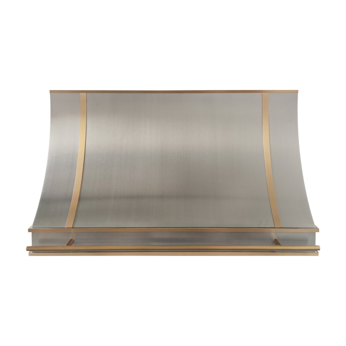 Simple stainless steel range hood for modern kitchen with straps and pot rail at rangehoodmaster