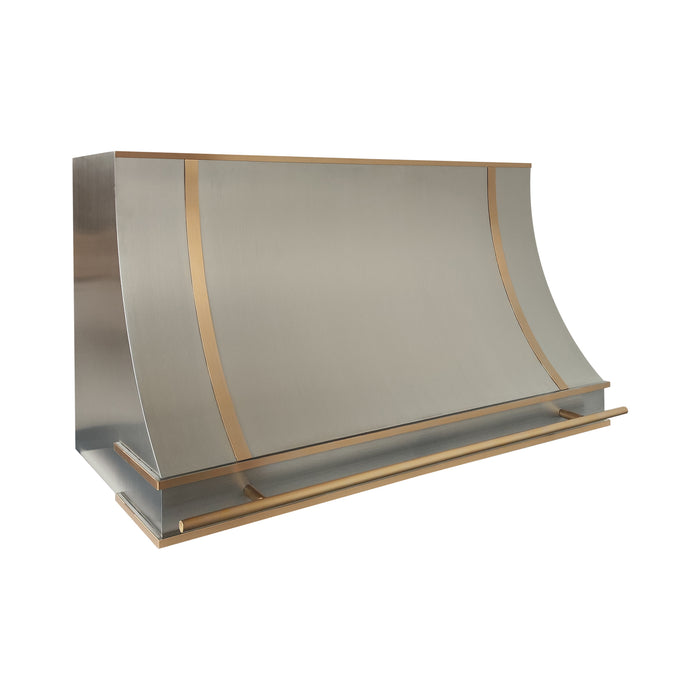 Simple stainless steel range hood for modern kitchen with straps and pot rail at rangehoodmaster