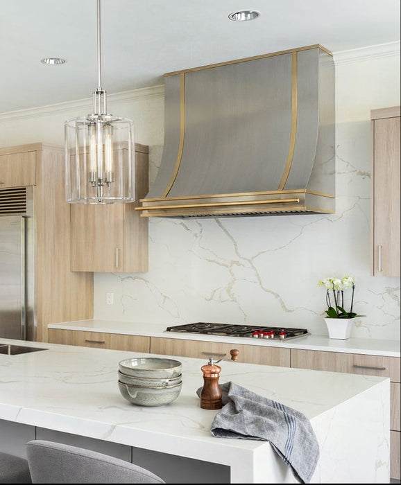 Simple stainless steel range hood for modern kitchen with straps and pot rail at rangehoodmaster