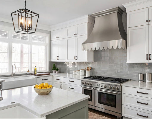 custom brushed stainless steel range hood curved body with scalloped apron at rangehoodmaster