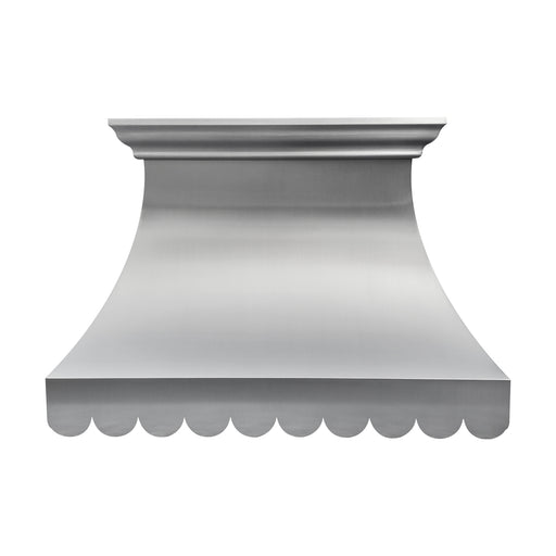 custom brushed stainless steel range hood curved body with scalloped apron at rangehoodmaster