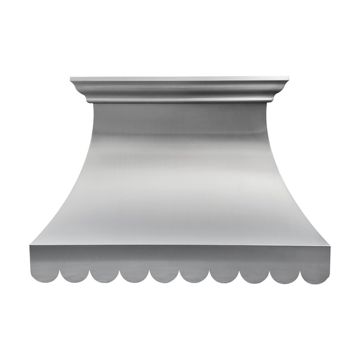custom brushed stainless steel range hood curved body with scalloped apron at rangehoodmaster