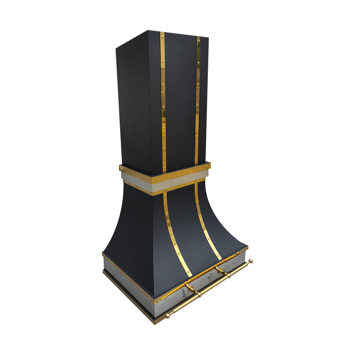 black stainless steel kitchen range hood custom design for high ceiling and sloped ceiling at RangeHoodMaster