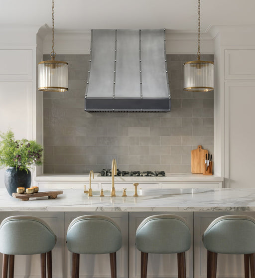 wall mounted stainless steel range hood with custom slope shape and decorative bands for modern home kitchens