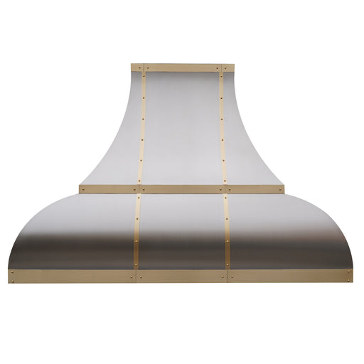 Bell shaped custom kitchen range hood cover, with smooth body finish and brushed brass straps and rivets