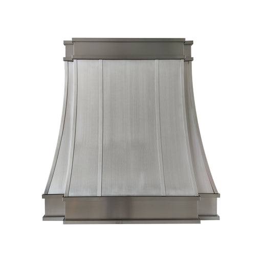 Modern curved stainless steel kitchen range hood with decorative stainless steel straps at rangehoodmaster