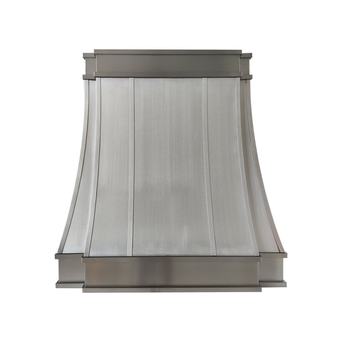 Modern curved stainless steel kitchen range hood with decorative stainless steel straps at rangehoodmaster