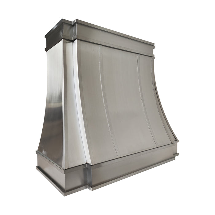Modern curved stainless steel kitchen range hood with decorative stainless steel straps at rangehoodmaster