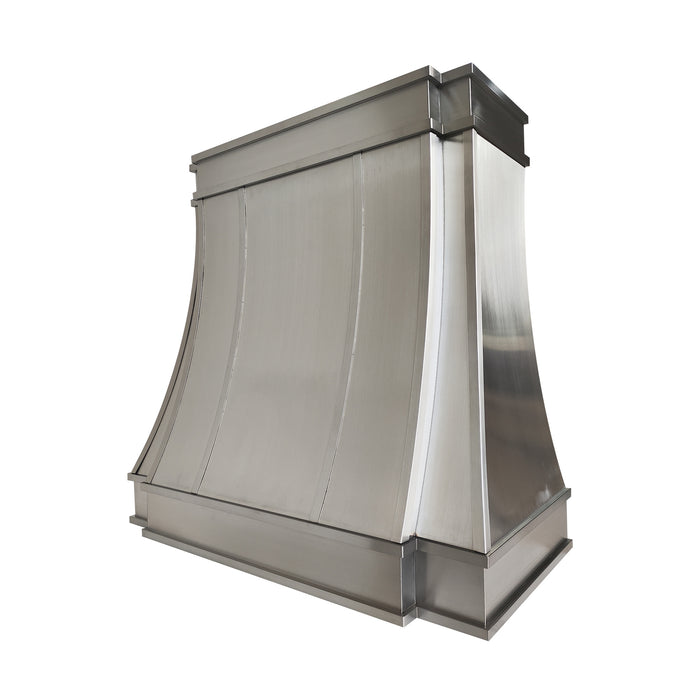 Modern curved stainless steel kitchen range hood with decorative stainless steel straps at rangehoodmaster