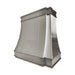 Modern curved stainless steel kitchen range hood with decorative stainless steel straps at rangehoodmaster
