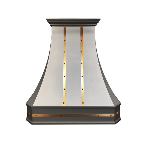 custom stainless steel range hood curved shape with brushed brass straps and square rivets